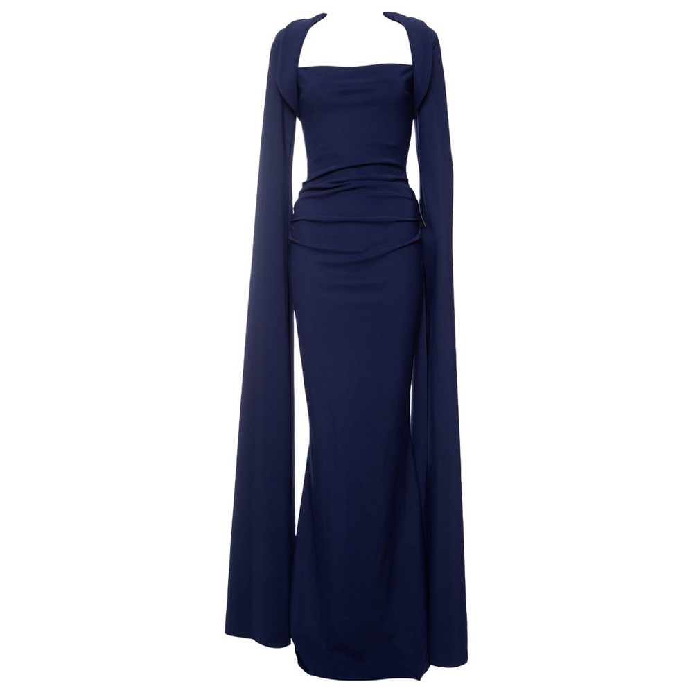Chiara Boni Navy Long-Sleeve Draped Evening Gown size 4 - Picture 5 of 12